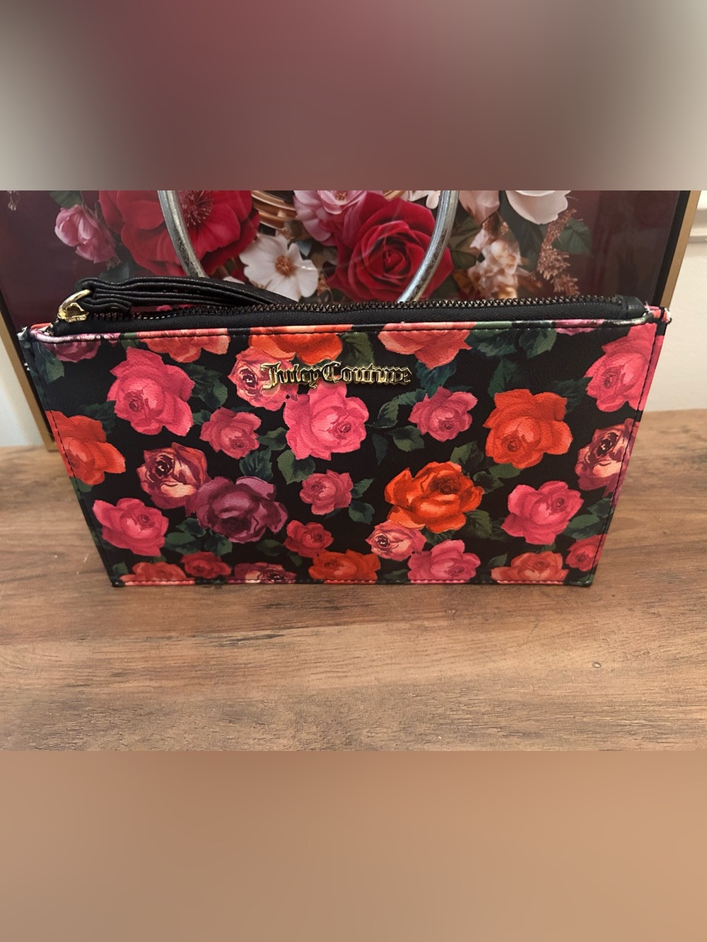 Juicy Couture Black Floral Zip Clutch Wristlet with Pink & Red Roses